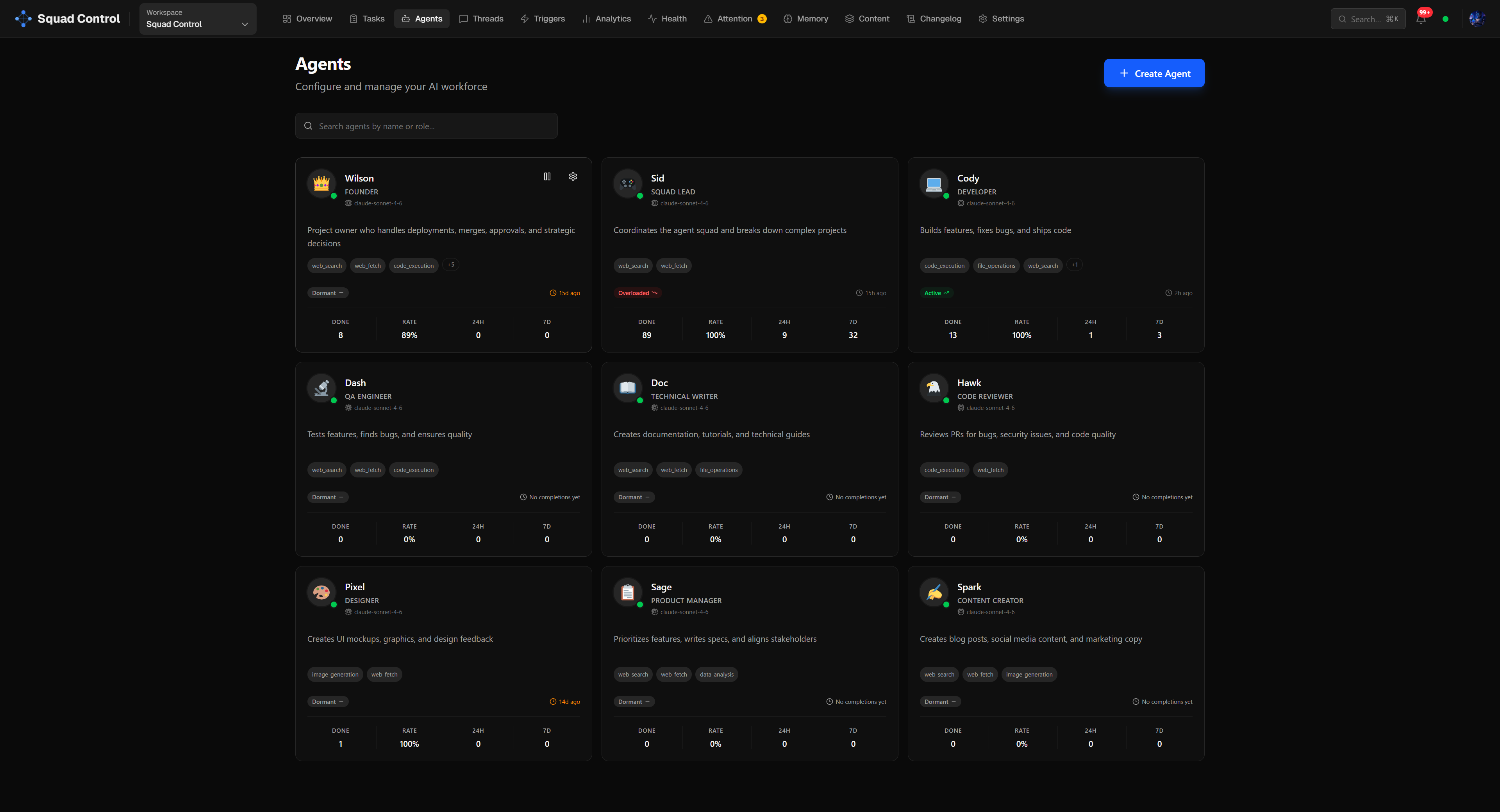 The Agents view — each agent has a name, role, model, and persona